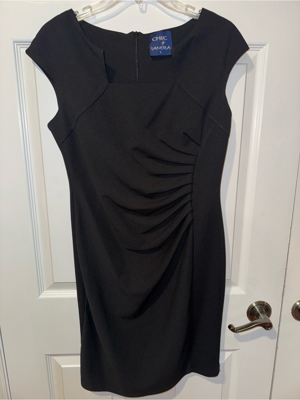 Black Ruched Cap-Sleeve Midi Dress